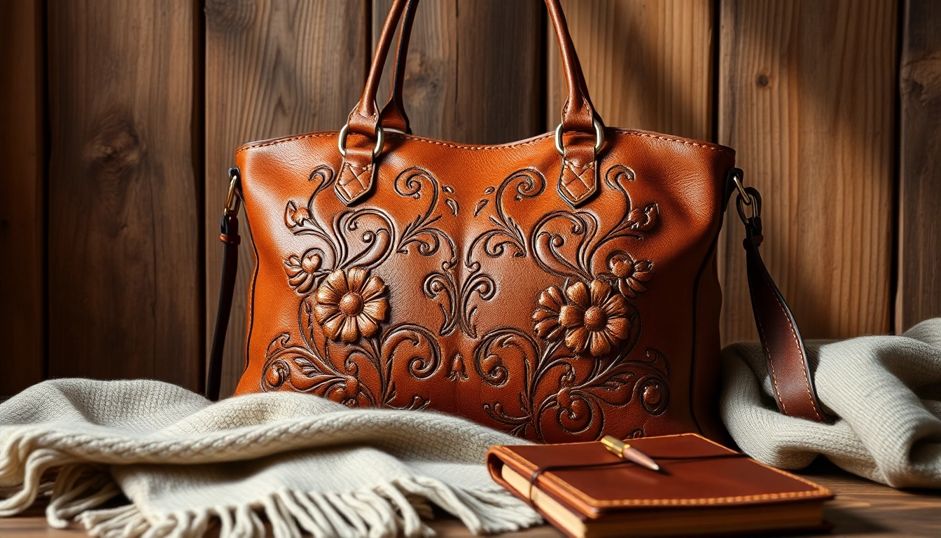 Showcasing elegant tooled leather handbag with intricate designs against rustic wood.