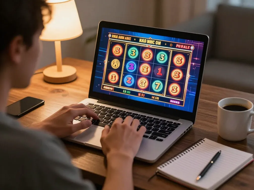 Engaged player exploring agen slot strategies on a laptop during an online gaming session.