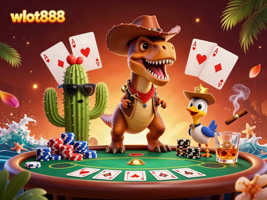 Wslot888 menampilkan ilustrasi kasino dengan karakter unik dan permainan poker penuh warna.