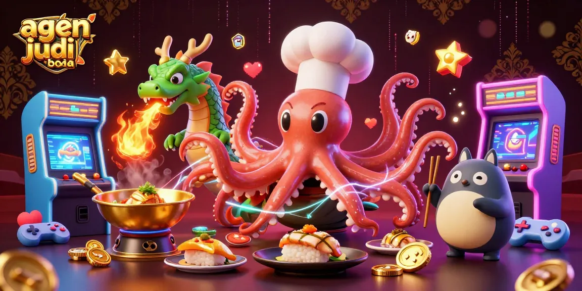 Engage with agen judi bola featuring a vibrant 3D illustration of a sushi chef octopus and dragon!