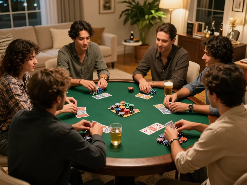 Players enjoying a poker night experience while discussing strategies from the hidden wiki dark web, with cards and chips visible