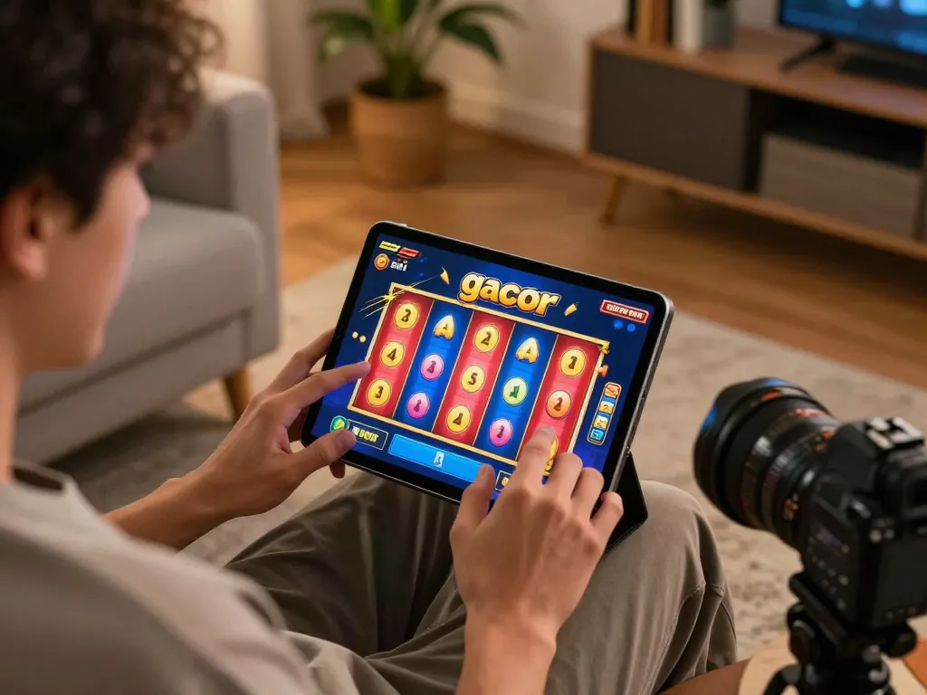 Pemain menang pada permainan slot gacor di tablet dalam suasana rumah yang nyaman