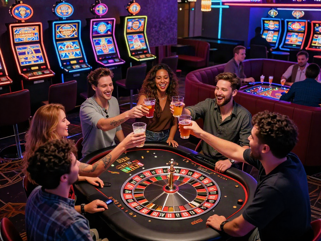Join the excitement of slot bonus new member 100 at a vibrant online casino with diverse players celebrating wins.