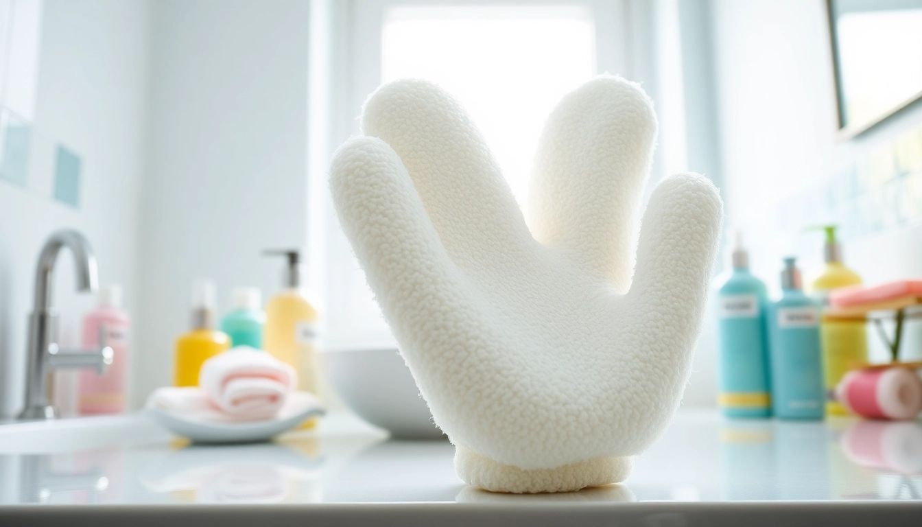 Usage of a hand loofah glove for an invigorating bath experience on a pristine countertop.