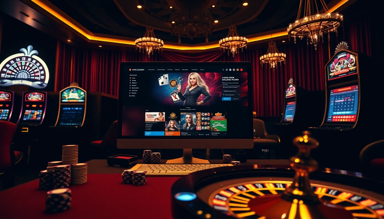 Une scène de jeu palpitante mettant en vedette un site de casino en ligne avec des jetons de poker élégants et une roulette.