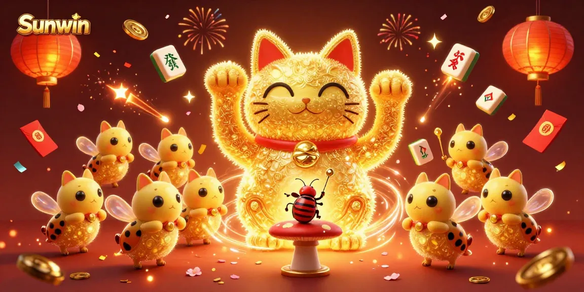 Sunwin gamers are enchanted by a shimmering lucky cat and vibrant casino symbols.