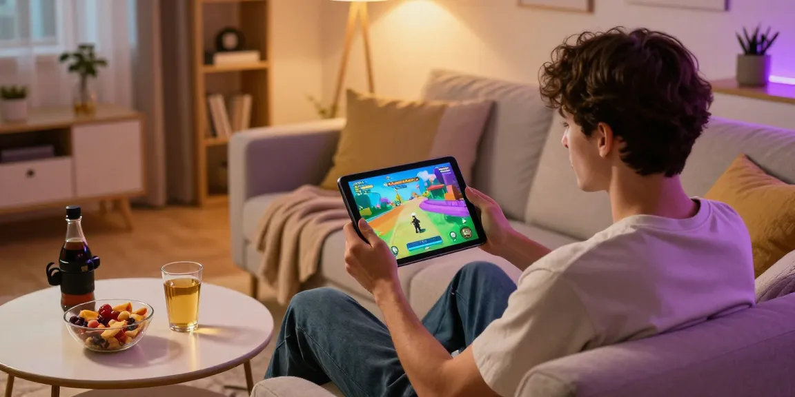Pengguna cipung138 bermain game interaktif dengan tablet di ruang tamu yang nyaman.