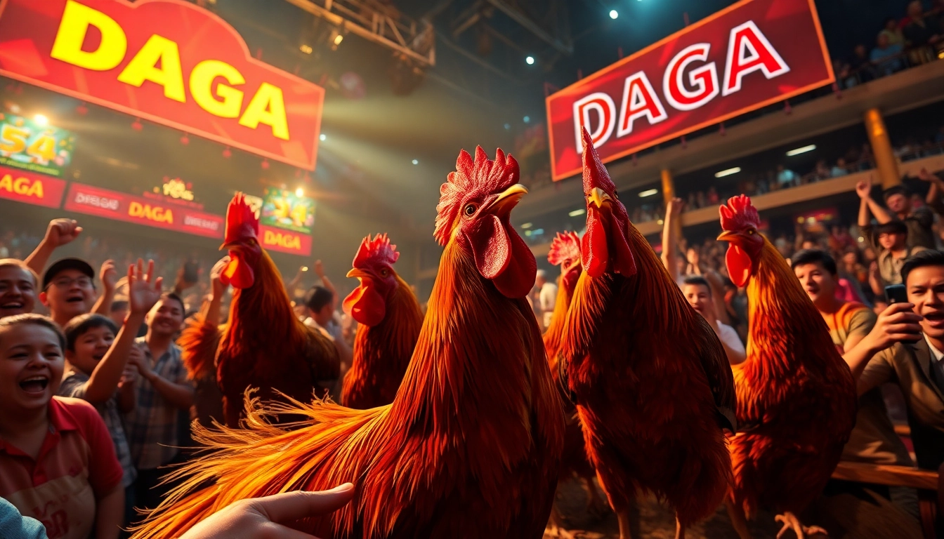 Daga.live hosts thrilling cockfighting events, showcasing stunning roosters and an energetic crowd atmosphere.