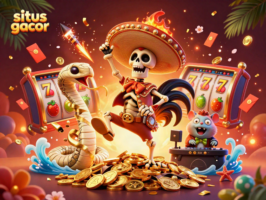 Win big with situs gacor at a dynamic casino scene featuring a lively rooster and vibrant gaming elements.