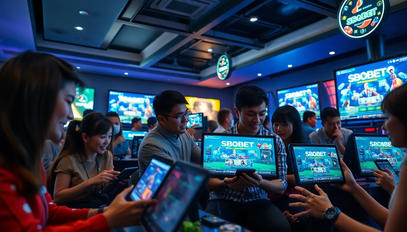 Players enjoying diverse gaming options on sbobet.dance, featuring poker and sports betting in a vibrant digital landscape.