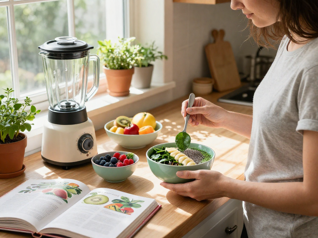 Vegan astaxanthin smoothie bowl preparation with fresh fruits in a cozy kitchen.