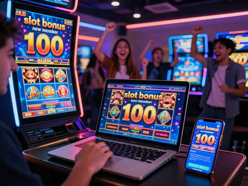 Exciting celebration of a player enjoying a slot bonus new member 100 at a vibrant online casino.