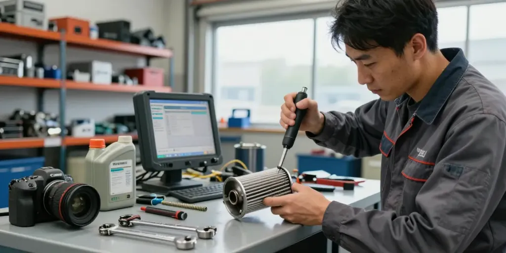 Mechaniker reinigt DPF in einer gut beleuchteten Garage, konzentriert und professionell.