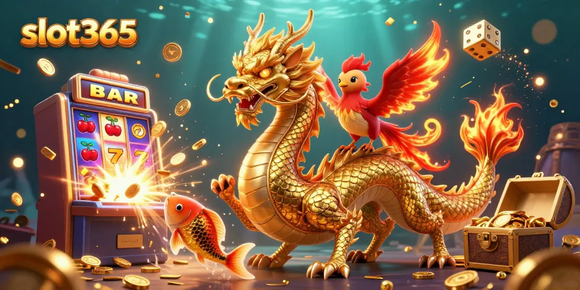 Experience winning at slot365 with a vibrant 3D casino illustration featuring a dragon, phoenix, and coins.