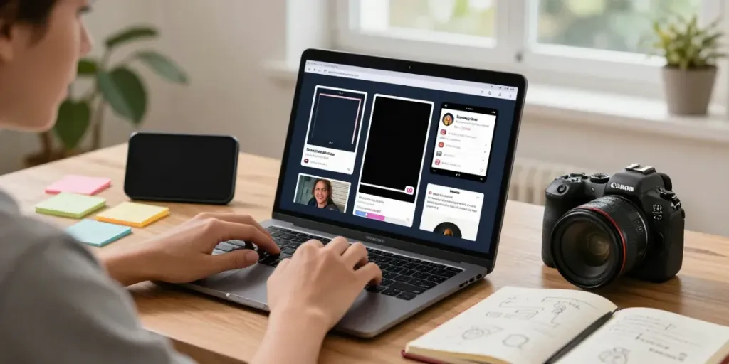 Young person using Insanony on a laptop to view Instagram stories in a cozy home.
