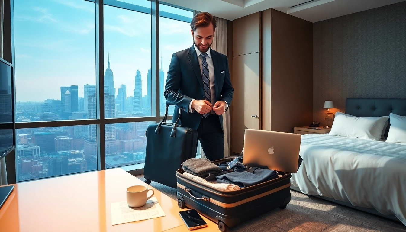 Business professional preparing for a 출장 in an upscale hotel room with a city view.