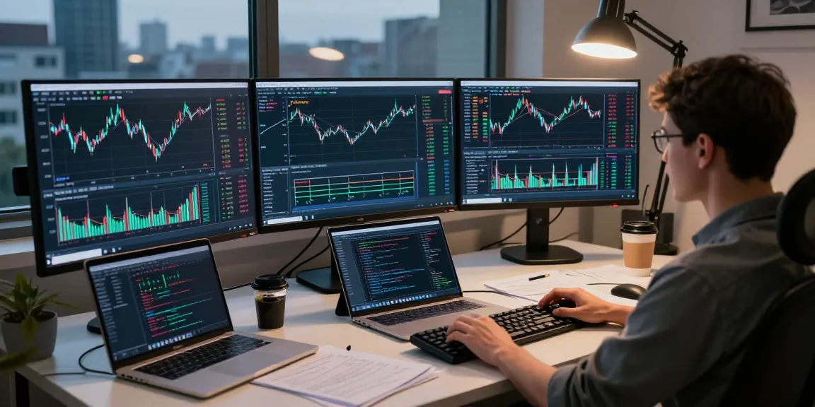 Real-time analysis on MetaTrader 5 platform with multiple monitors displaying market charts and trading signals.