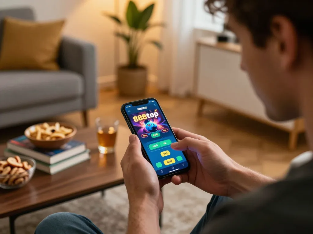 Player using the 888top app in a cozy living room, poised to place strategic bets