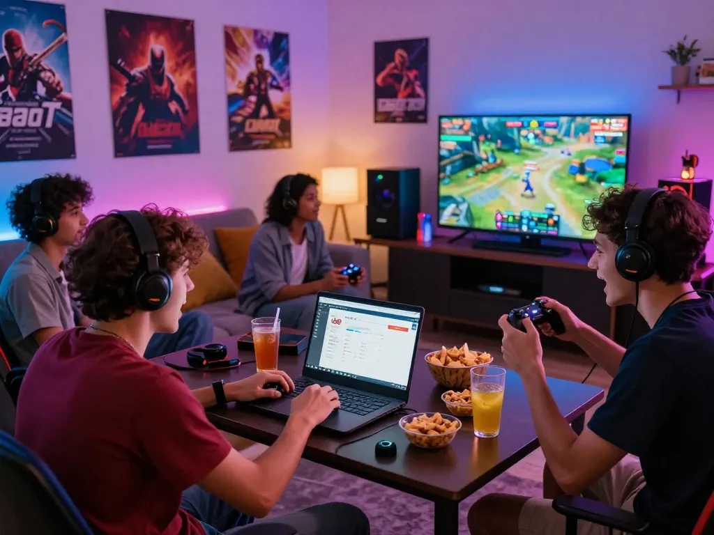 Engaging gaming scene with friends downloading tải go88 and enjoying games in a vibrant atmosphere.