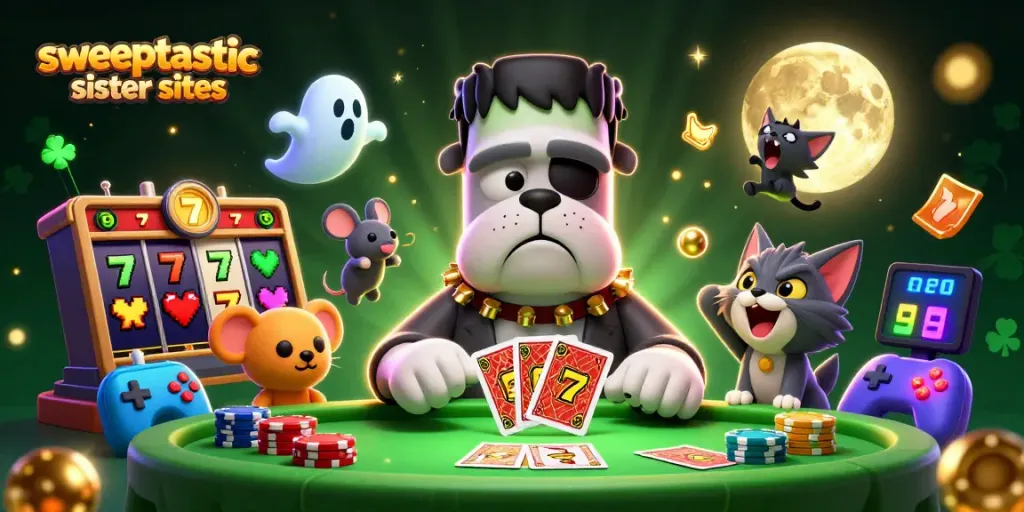 Engage with sweeptastic sister sites at a vibrant haunted casino scene featuring unique characters.
