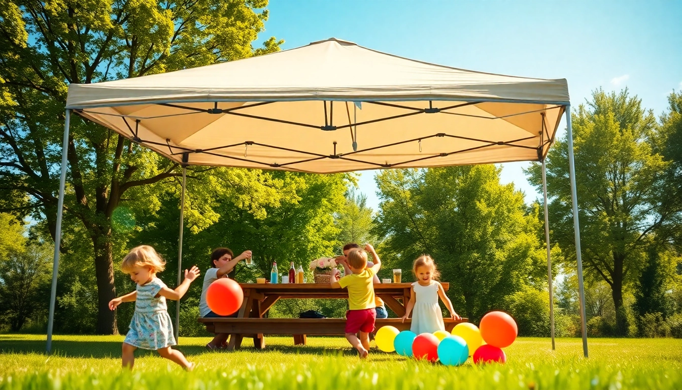 Family enjoying a sunny day under a sturdy pop up canopy during a picnic.