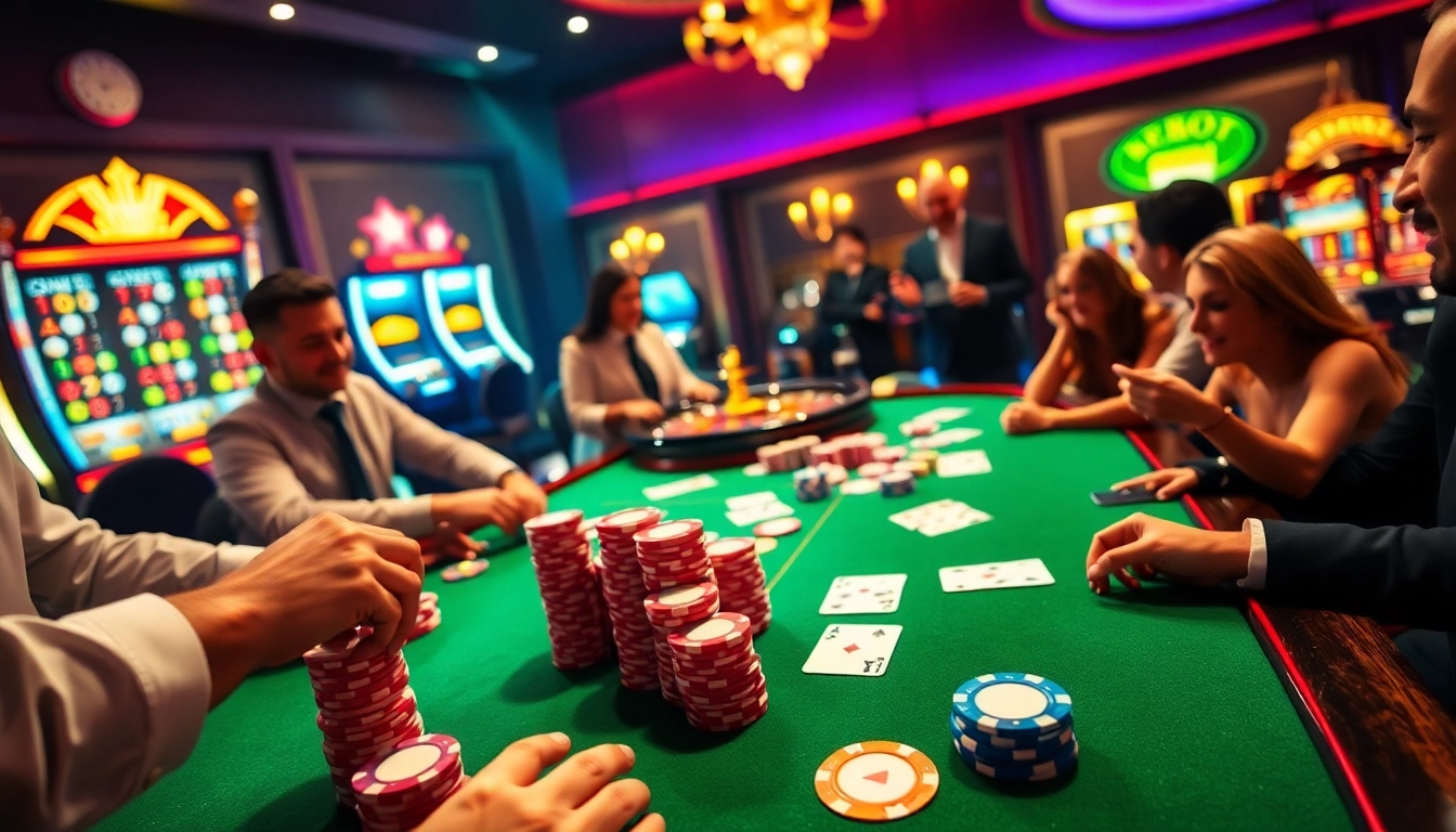 Scène de poker excitante sur un site de casino en ligne avec des jetons et cartes vibrants.