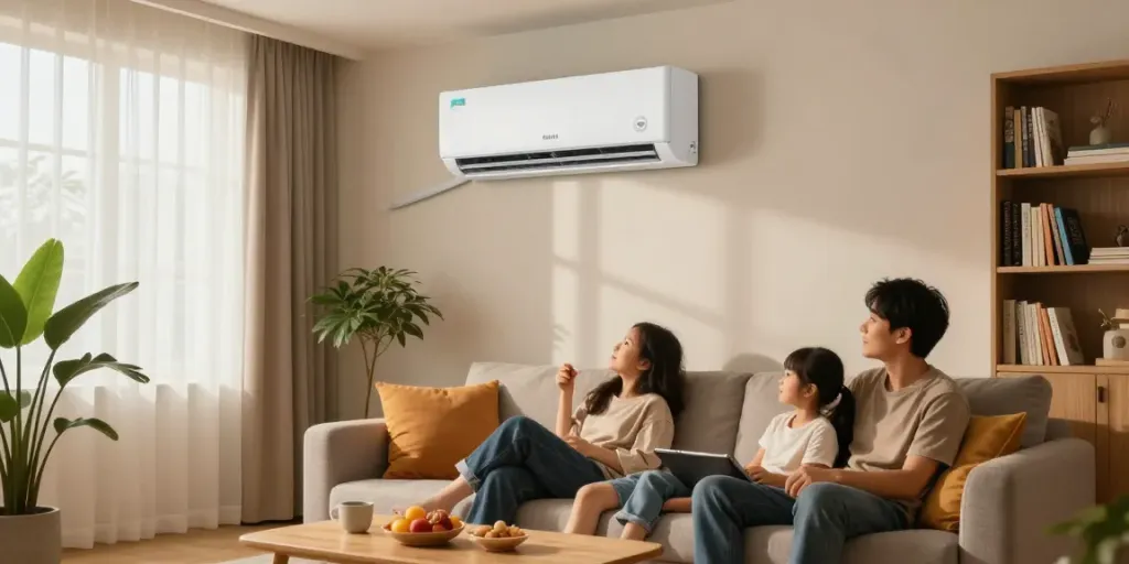Cozy family living room with a mini split of air conditioner, modern decor, and warm lighting.