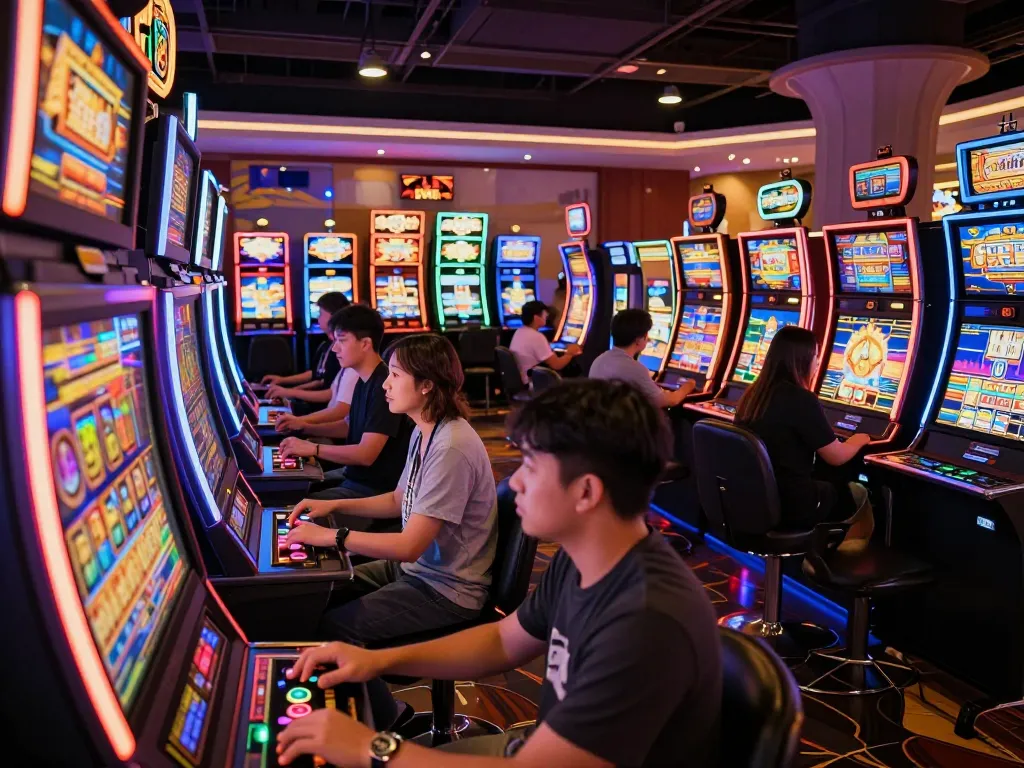 Players engaging with vibrant slot machines in a modern casino, highlighting the excitement of spinning reels