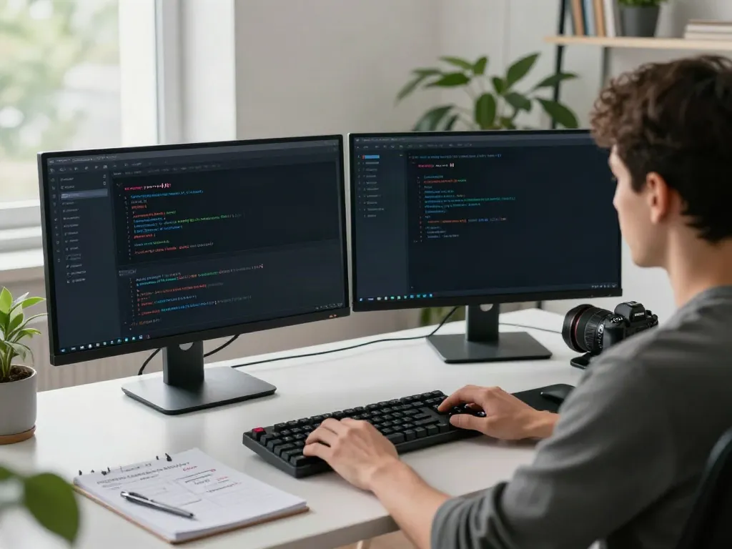 Developer configuring v2rayN on dual monitors in a modern tech workspace.
