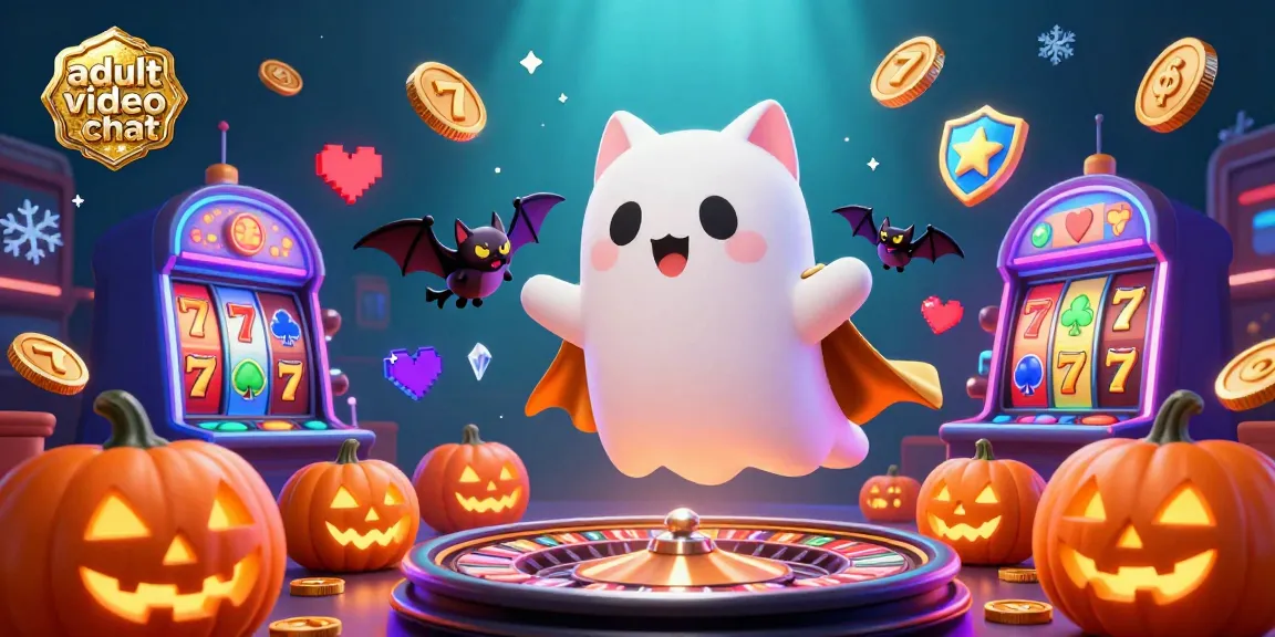 Engage in adult video chat with a lively scene of a ghost cat and bat in a casino backdrop.