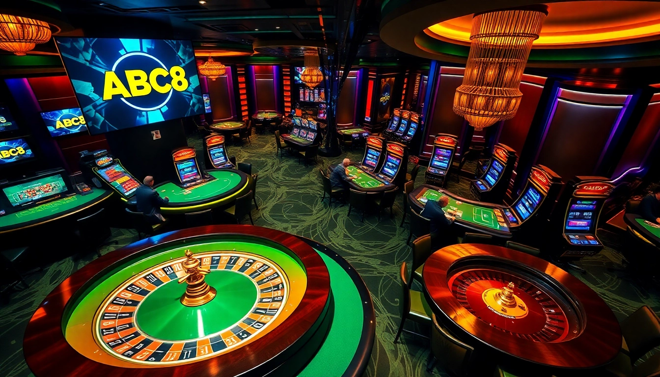 Experience the excitement of ABC8 casino games with luxurious roulette and poker tables.