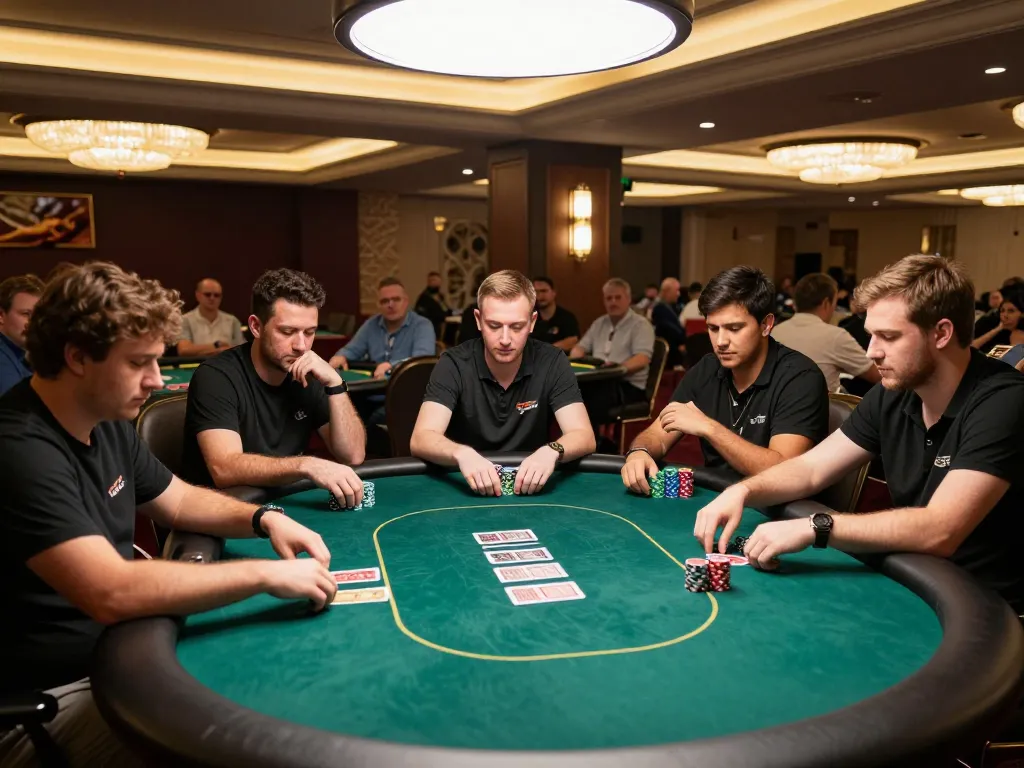 Agen Casino Online players strategizing at a high-stakes poker tournament in an upscale casino setting.