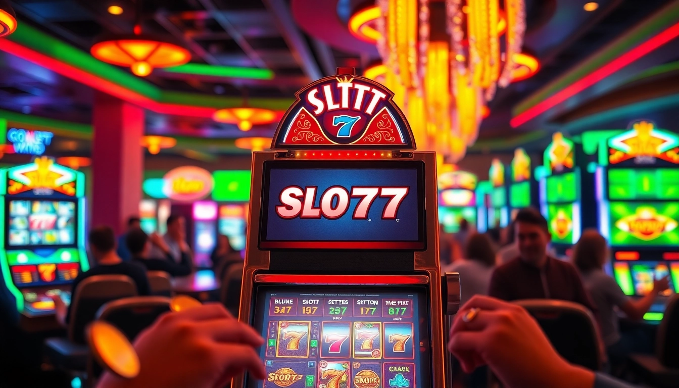 Menang besar dengan Slot77 dalam suasana kasino yang ceria dan penuh warna.