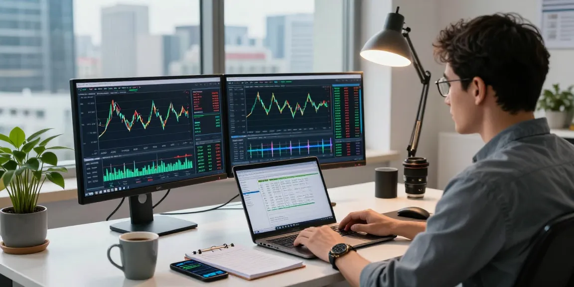 Trader analyzing mt4 forex charts in a modern workspace.