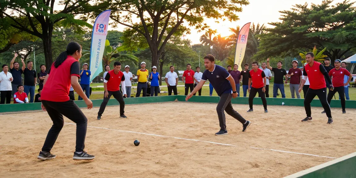 Turnamen petanque di fopikotaparepare.org dengan atlet bersemangat bermain di luar ruangan.