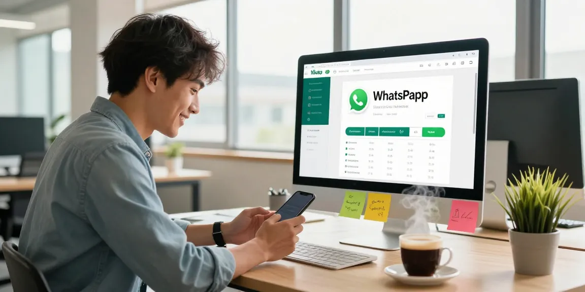Using WhatsApp網頁版 on a computer in a modern workspace, showing user engagement and digital communication tools.