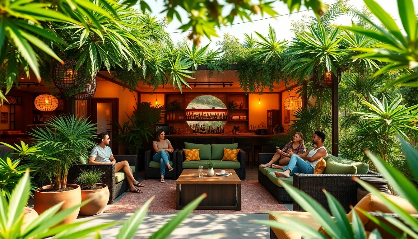 Club Cannabis Costa Brava, ambiance chaleureuse et détendue avec des plantes luxuriantes.