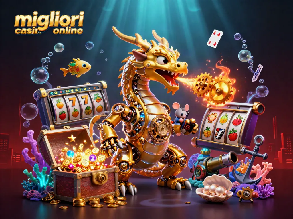 I migliori casino online mostrano un drago d'oro meccanico, slot e tesori sottomarini scintillanti.