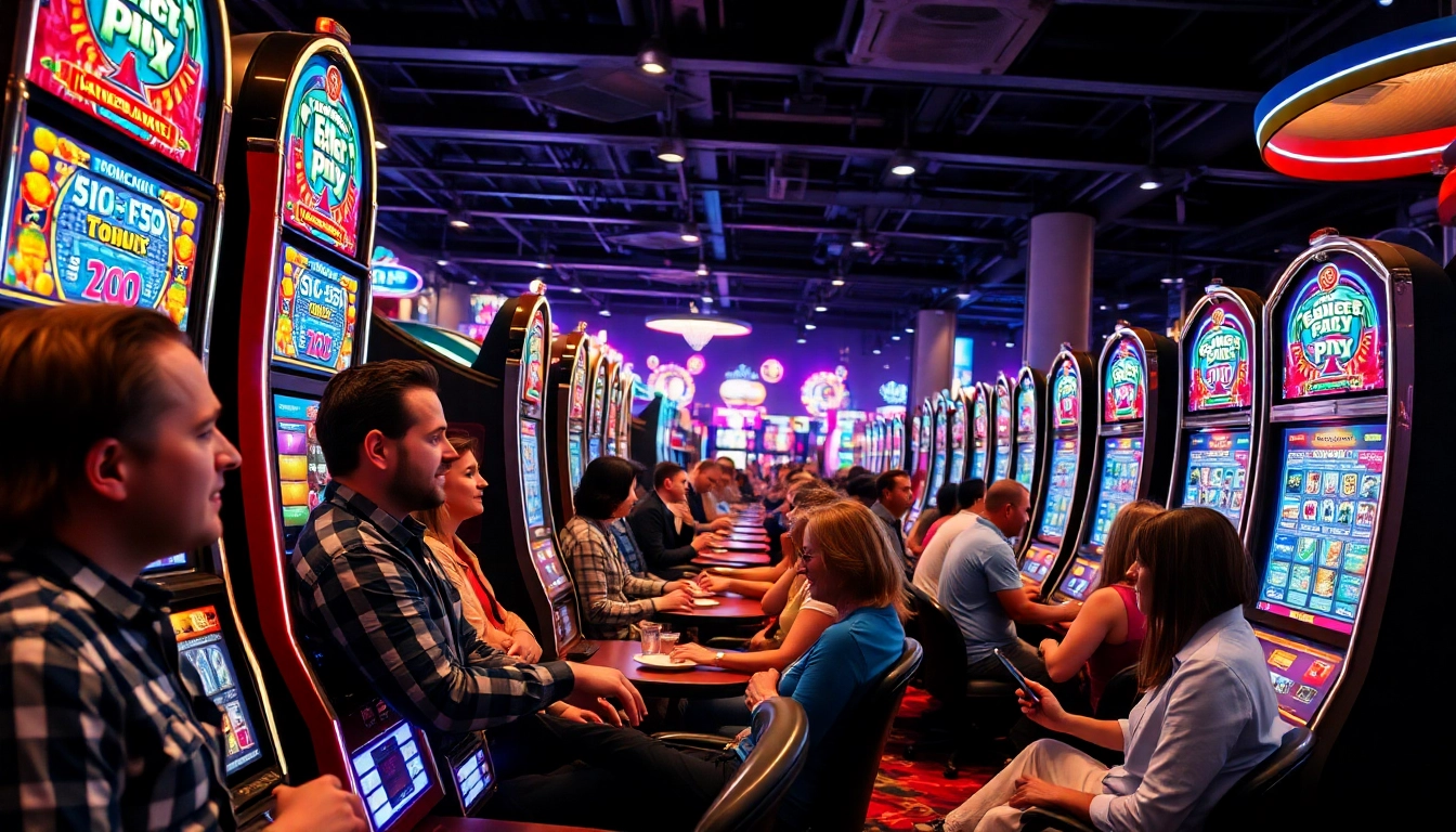 Menyaksikan permainan situs slot777 dengan mesin slot penuh warna dan suasana kasino yang hidup.
