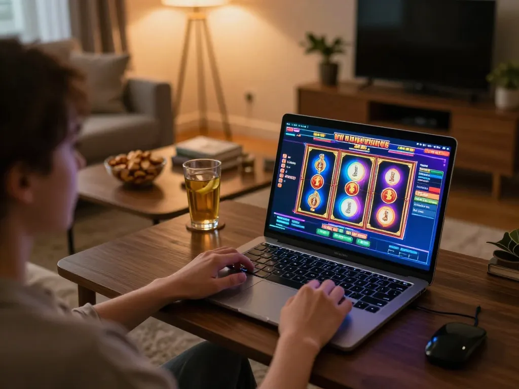 Engaging in online gaming at home with เว็บตรง slot gameplay on laptop, showcasing a cozy atmosphere