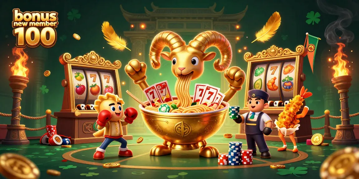 Engage with bonus new member 100 slots excitement featuring a dynamic golden ramen bowl, gyoza, and sushi dealers.