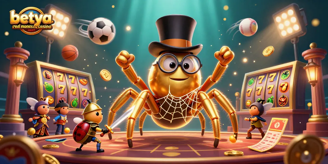 Engage with betya.com real money online casino's vibrant illustration featuring dynamic casino characters.
