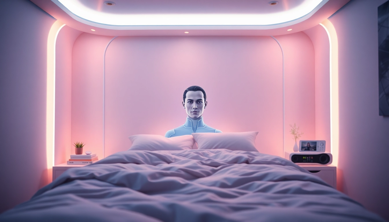 Engaging AI sex character in a futuristic bedroom setting, showcasing AI sex interactions.