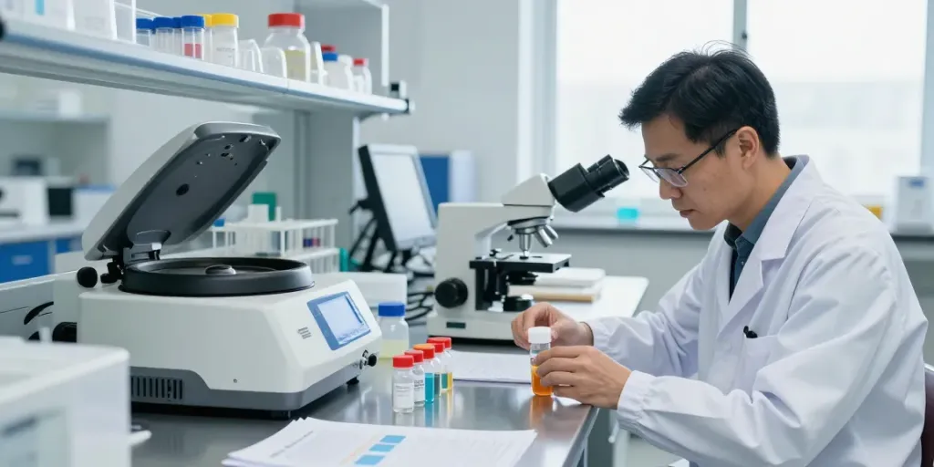Researcher analyzing SwissChems peptide vials in a modern lab environment.