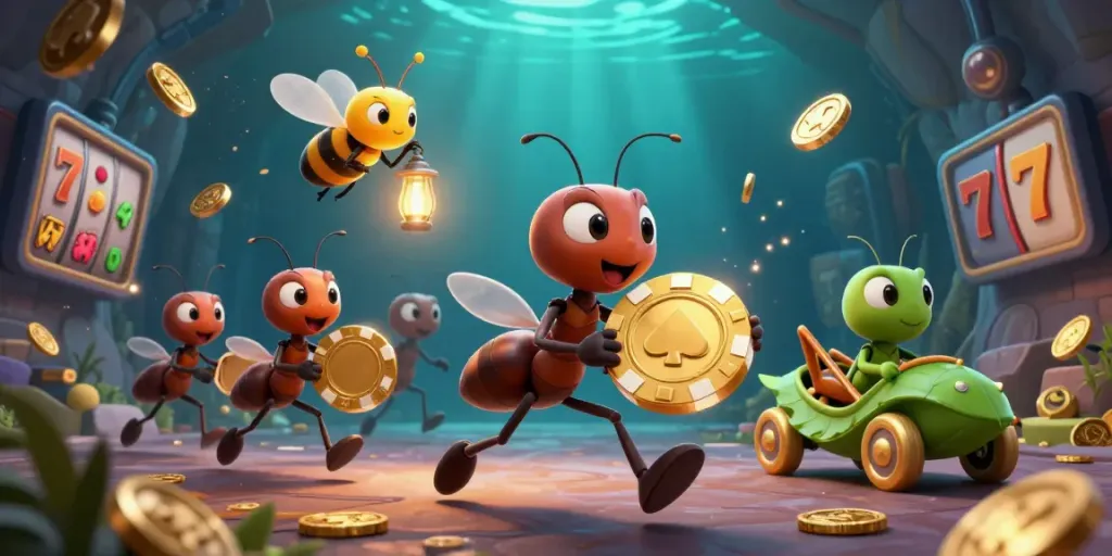 Muskan Club features ants on a heist with a giant poker chip in a vibrant 3D casino illustration.