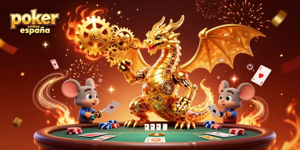 Disfruta del póker online España en una emocionante ilustración 3D con dragones y cartas dinámicas.
