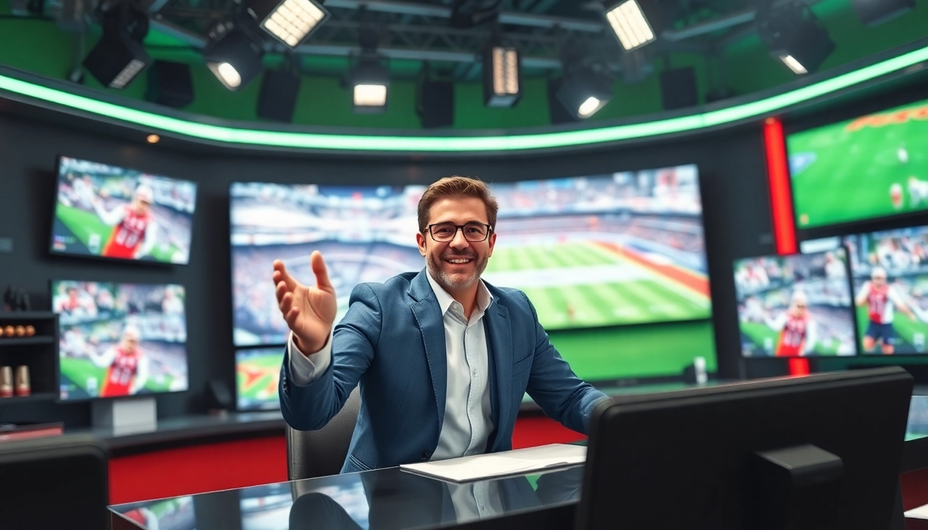 Sports Broadcasting dynamic scene featuring an energetic commentator in a modern studio.
