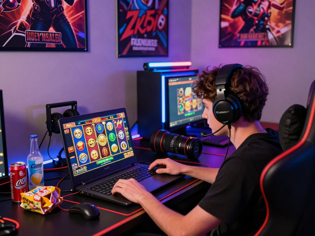Player immersed in slot jepang gaming on laptop with vibrant graphics and energetic lighting.