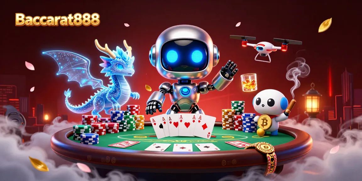 Baccarat888 showcases an exhilarating poker scene with a cyberpunk robot, AI dragon, and a bitcoin-carrying drone