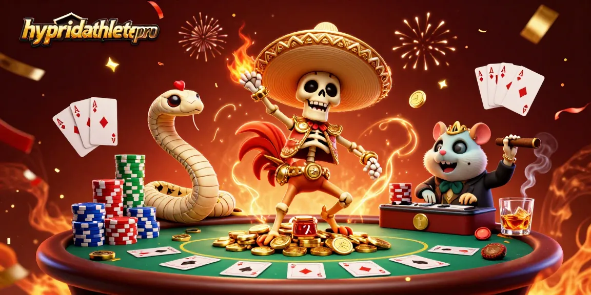 Engage with hybridathletepro in a vibrant 3D scene featuring a victorious mariachi rooster amidst dynamic poker elements.